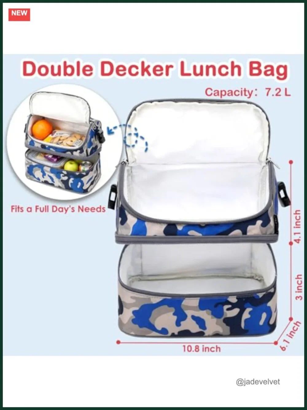 Double Decker Insulated Lunch Bag Tote with Adjustable Strap, Polyester